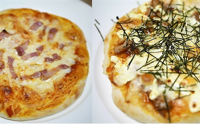 ベーコンとチーズのピザと照り焼きチキンのピザ