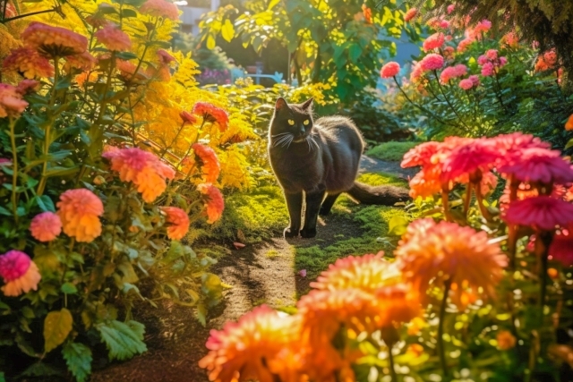 花に囲まれた猫